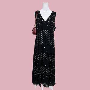 black and white polka dot vintage 90s tiered sleeveless maxi dress quirky